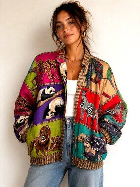 Jerri Sherman Silk Animal Motif Bomber Jacket L